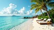 A pristine tropical beach with turquoise water, white sand, palm trees, and lounge chairs is presented under a bright, blue sky with white clouds. Concept of paradise destination and tropical getaway.
