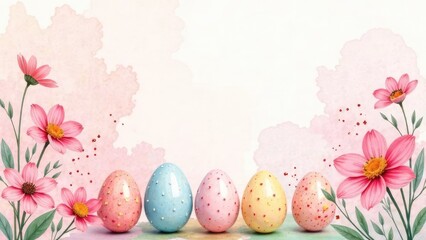 Aufkleber - A row of painted Easter eggs is surrounded by pink flowers against a light, watercolor-textured background. Concept of springtime celebration.