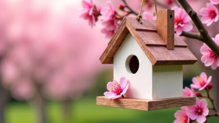 Aufkleber - A wooden birdhouse hangs from a blossoming branch with pink flowers against a blurred background. Concept of springtime nesting.