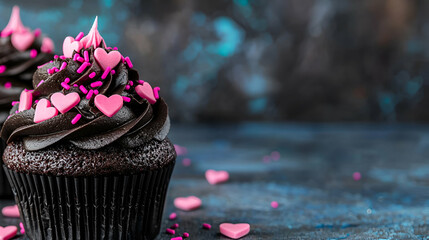 Poster - Delicious chocolate cupcake topped with swirls of frosting, pink heart sprinkles, set against a dark, textured background.