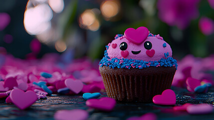 Wall Mural - A cute cupcake topped with pink frosting, heart decorations, and a smiling face, surrounded by colorful heart-shaped sprinkles.