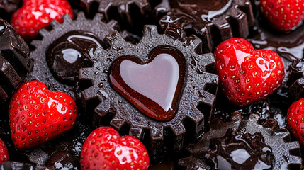 Wall Mural - Chocolate gears and heart-shaped treats surrounded by fresh strawberries create a deliciously whimsical dessert scene.