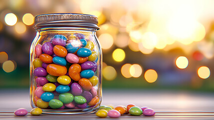 Poster - A jar filled with colorful candy sits on a surface, with a blurred sunset background creating a warm, inviting atmosphere.