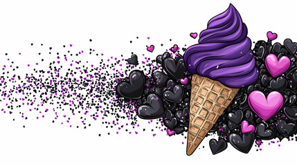 Wall Mural - Sweet purple soft serve ice cream in a cone, surrounded by black and pink hearts, creating a playful and vibrant composition.