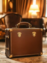 Aufkleber - Luxurious leather suitcase with golden hardware placed elegantly in a stylish hotel lobby ambience. Generative AI