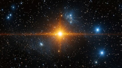 Wall Mural - Bright star illuminated in a cosmic landscape with distant galaxies and nebulae shining in the night sky