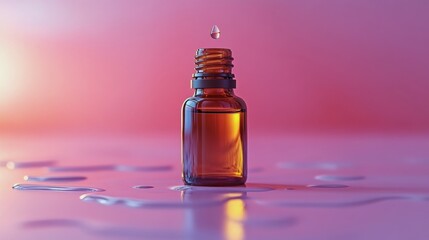 Canvas Print - Delicate pink glass bottle surrounded by vibrant flowers and a drop of liquid captured in soft light