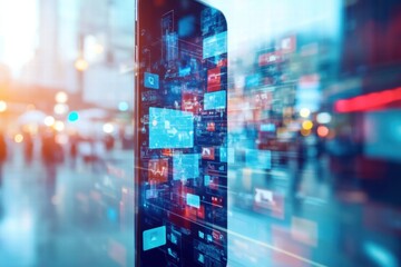 Leinwandbilder - Social media news feed displayed on smartphone screen in urban setting during evening hours. Generative AI