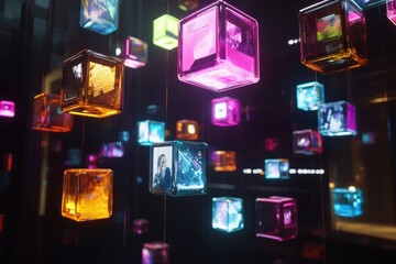 Aufkleber - Floating cubes with abstract symbols showcase vibrant digital content in a modern space. Generative AI