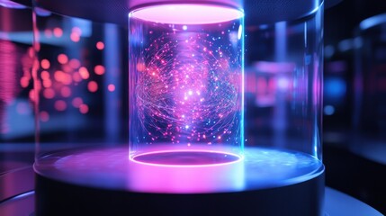Wall Mural - Neon Plasma Orb in Glass Cylinder Futuristic Energy Display