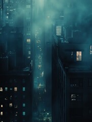 Aufkleber - Dark cityscape with few illuminated windows shows life in a quiet urban environment at night. Generative AI