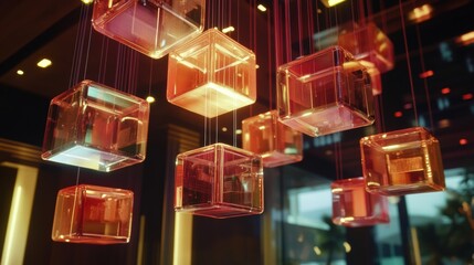 Aufkleber - Floating cubes adorned with abstract text and symbols create a captivating modern art display in a vibrant interior setting. Generative AI