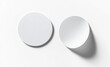 © FATNA - Blank white round adhesive stickers mock up with curved corner, 3d rendering. Empty circle sticky label mockup with curl. Clear adherent tag template for glass door or wall.