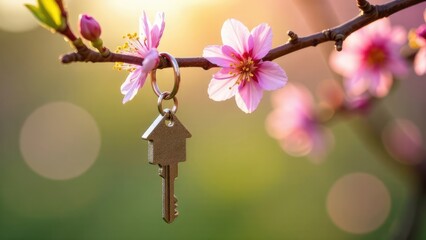 Fototapete - A house-shaped key hangs from a flowering branch of pink blossoms against a soft, sunlit background. Concept of new home purchase during spring.