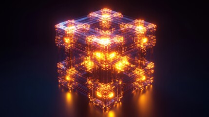 Wall Mural - Glowing Cube Abstract 3D Render Digital Art, Network, Energy, Light