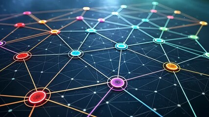 Vibrant, interconnected network visualizing digital communication growth through dynamic, colorful nodes and evolving edges representing technological complexity and connectivity