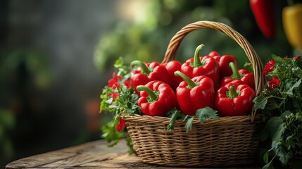 Sticker - Fresh red bell peppers arranged in a woven basket on a wooden table surrounded by herbs