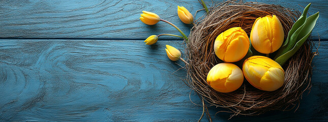 Easter blue wooden background. Easter nest with yellow tulips and eggs.