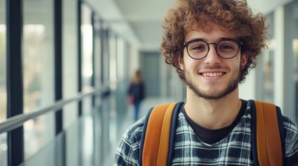 Smiling young man with curly hair and glasses in hallway.