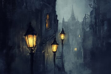 Aufkleber - Dark cityscape at night featuring illuminated windows and vintage street lamps. Generative AI