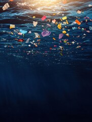 Aufkleber - Colorful plastic waste floats on the surface of a deep blue ocean under sunlight. Generative AI