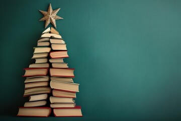 Aufkleber - Creative holiday decoration features a Christmas tree made from stacked books on a green background. Generative AI