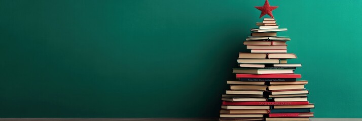 Aufkleber - Innovative holiday decoration showcases a Christmas tree crafted entirely from stacked books set against a green backdrop. Generative AI