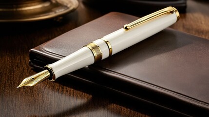 Aufkleber - Luxury fountain pen with gold accents resting on a dark leather surface in a sophisticated office setting. Generative AI