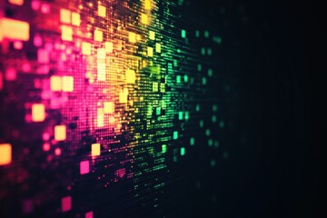 Poster - Glowing mosaic of pixelated elements creates a vibrant abstract display in bright neon colors. Generative AI