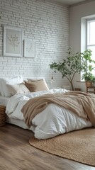 Poster - Cozy bedroom with white brick walls and warm textiles in a modern designed space