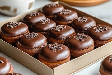 Wall Mural - Assorted chocolate glazed donuts arranged in a neat box on a marble countertop