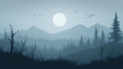 Wall Mural - A gloomy landscape, birds in the sky, a foggy forest with dead trees, moonlight, a distant view, a sense of horror, dark blue and gray tones generative ai. Twilighted. Illustration