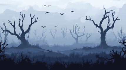 Wall Mural - A gloomy landscape, birds in the sky, a foggy forest with dead trees, moonlight, a distant view, a sense of horror, dark blue and gray tones generative ai. Twilighted. Illustration