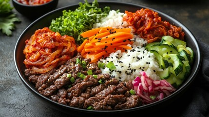 Wall Mural - Savory Korean beef bowl with fresh vegetables and rice on wooden table