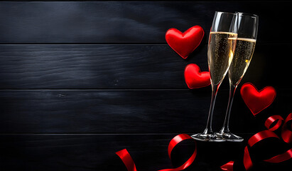 Wall Mural - Valentine's day and love concept made from champagne glasses and red hearts on black wooden background. Top view with copy space, flat lay.