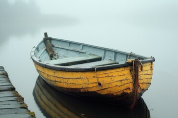 Poster - Calm boat resting on tranquil lake surrounded by lush green trees