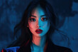 © DesignMaster360 - A captivating portrait of a young woman, illuminated by vibrant red and blue neon lights, showcasing her striking features and dark hair.