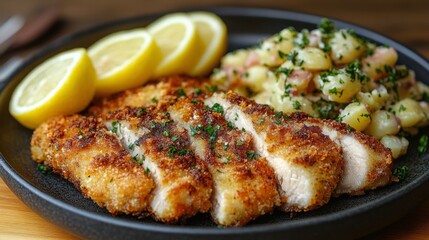 Wall Mural - Crispy fried fish served with garlic butter potatoes and fresh lemon slice on a dark plate