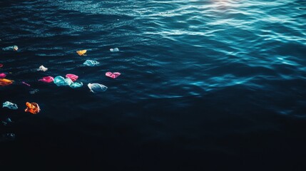 Aufkleber - Colorful plastic waste floats on the deep blue ocean, highlighting environmental impact and pollution in marine ecosystems. Generative AI