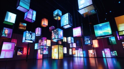 Aufkleber - Floating cubes display vibrant abstract text and visuals in a modern art space at night. Generative AI