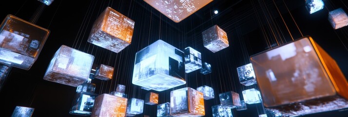 Leinwandbilder - Floating cubes featuring abstract text and symbols create a captivating display of digital art in a darkened space. Generative AI