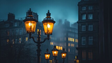Poster - Cityscape at night reveals a dark skyline with the glow of illuminated windows and street lamps. Generative AI