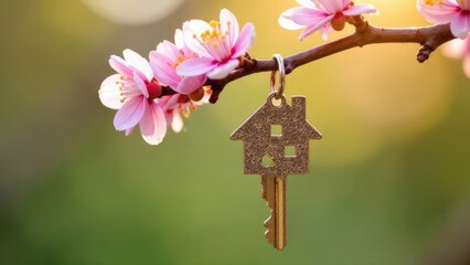 Aufkleber - A house-shaped key charm hangs from a blossoming branch in the springtime sun. Concept of new home. Concept of springtime home dreams. Real estate concept