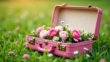 Aufkleber - A pink vintage suitcase sits in a grassy field filled with pink and white flowers. Concept of springtime adventure.