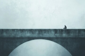 Poster - Lonely figure contemplates life while sitting on the edge of a fog shrouded bridge at dawn. Generative AI