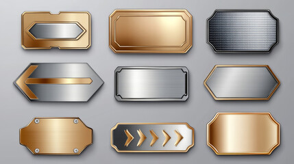 Stainless steel tags with blank metal surface isolated on transparent background. Vector realistic illustration of game menu, arrow sign, nameplate ui frames, shiny buttons, glossy blank badges