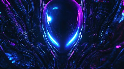 Alien head with glowing blue eyes, dark background.
