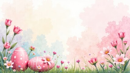 Aufkleber - Watercolor style illustration of pink Easter eggs and flowers on a soft, pastel background. Concept of gentle springtime.
