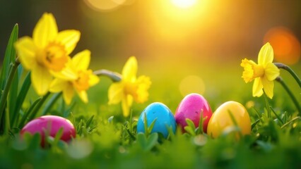 Aufkleber - Colorful Easter eggs and yellow daffodils rest in a grassy field at sunset. Concept of springtime joy.