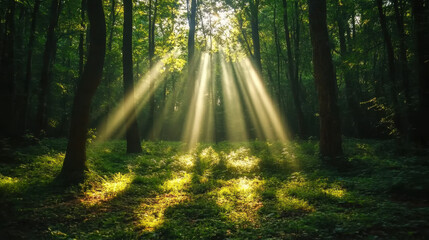 Poster - Glowing up, A serene image of glowing light beams piercing through a dense fog, creating a mystical atmosphere ideal for various creative projects.